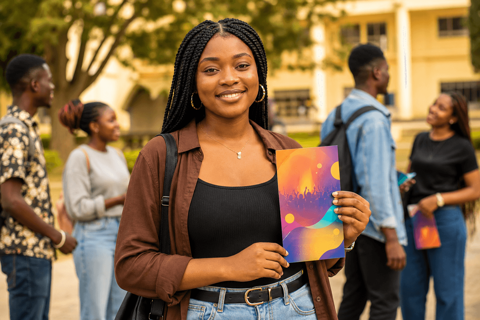 Young campus ambassador with a printed flyer on university grounds