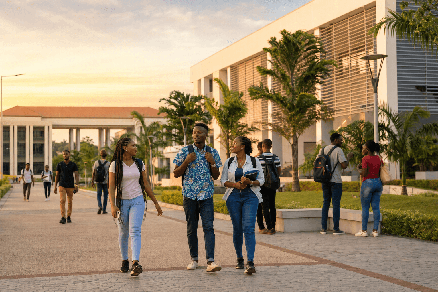 Nigerian university campus with students at golden hour
